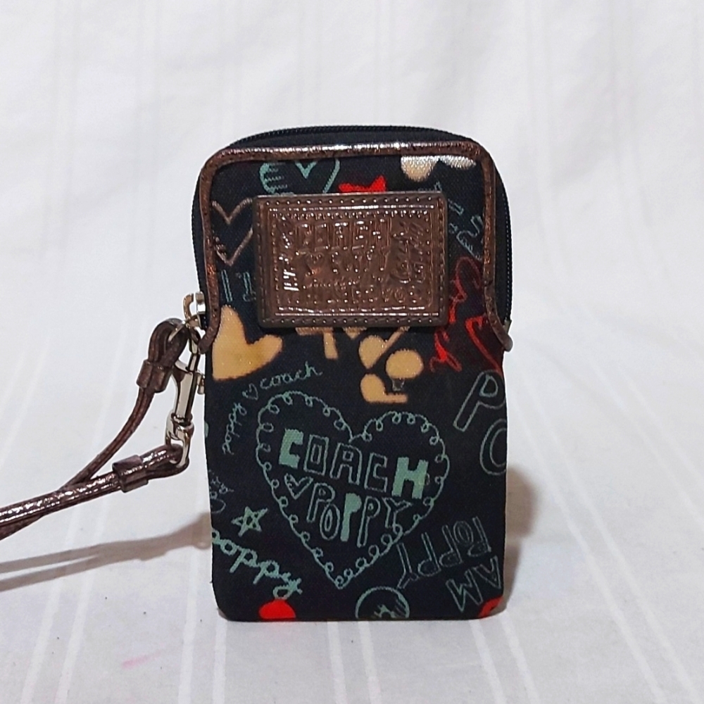 Coach Black Multicolor Heart Print Wristlet Clutch
